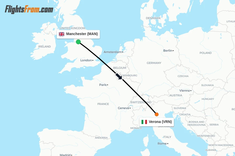Flights from Manchester to Verona route map