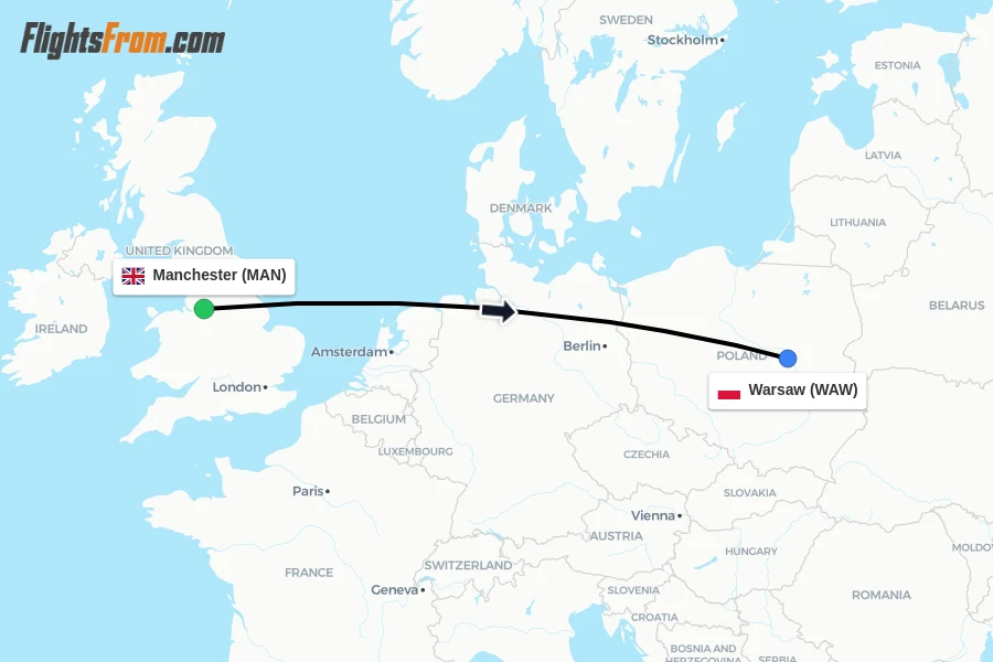 Flights from Manchester to Warsaw route map