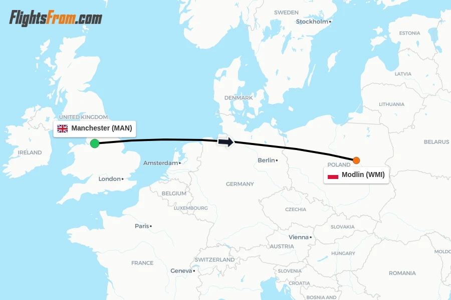 Flights from Manchester to Modlin route map