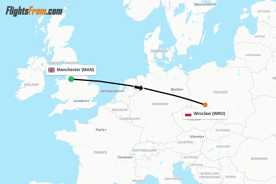 Flights from Manchester to Wroclaw route map