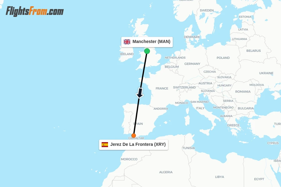 Flights from Manchester to Jerez De La Frontera route map