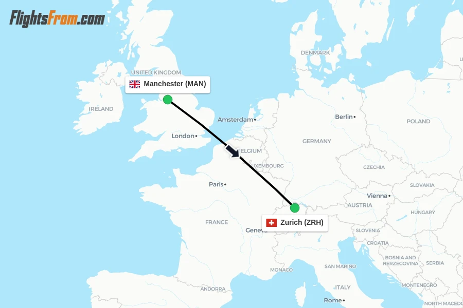 Flights from Manchester to Zurich route map