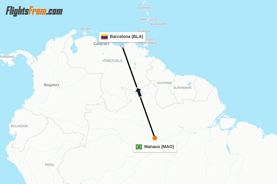 Flights from Manaus to Barcelona route map