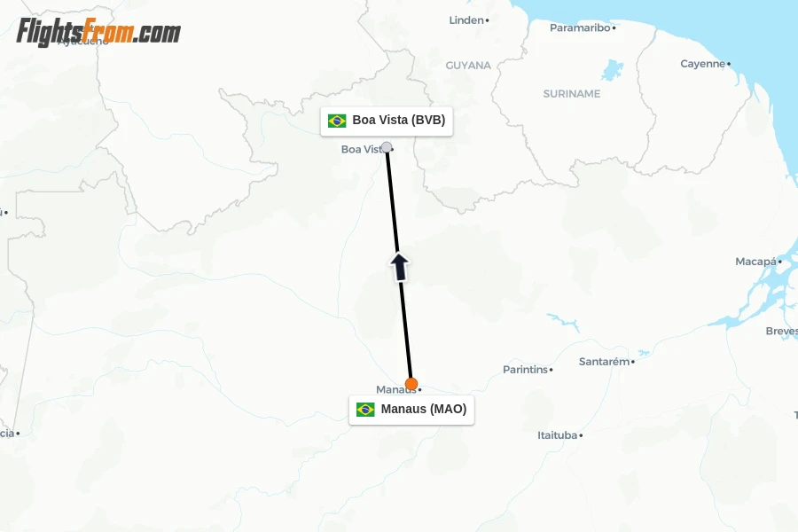 Flights from Manaus to Boa Vista route map