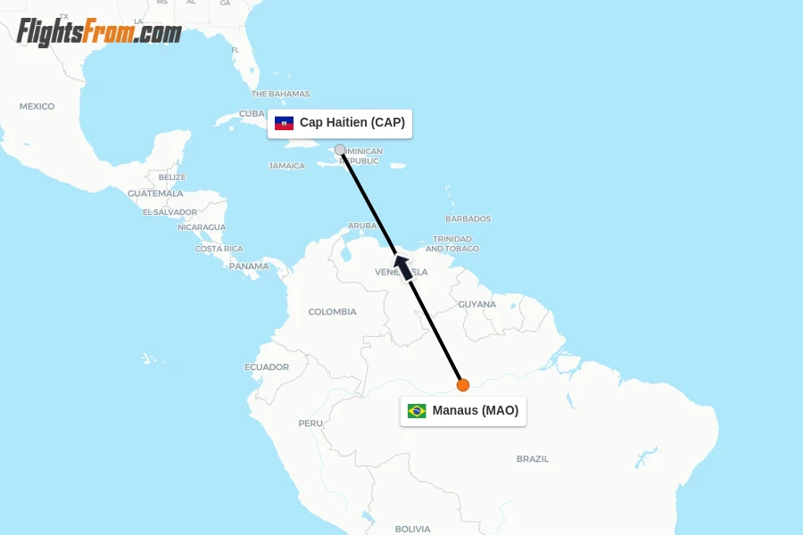 Flights from Manaus to Cap Haitien route map
