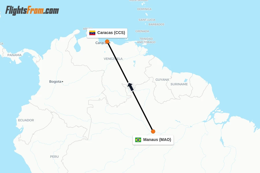 Flights from Manaus to Caracas route map