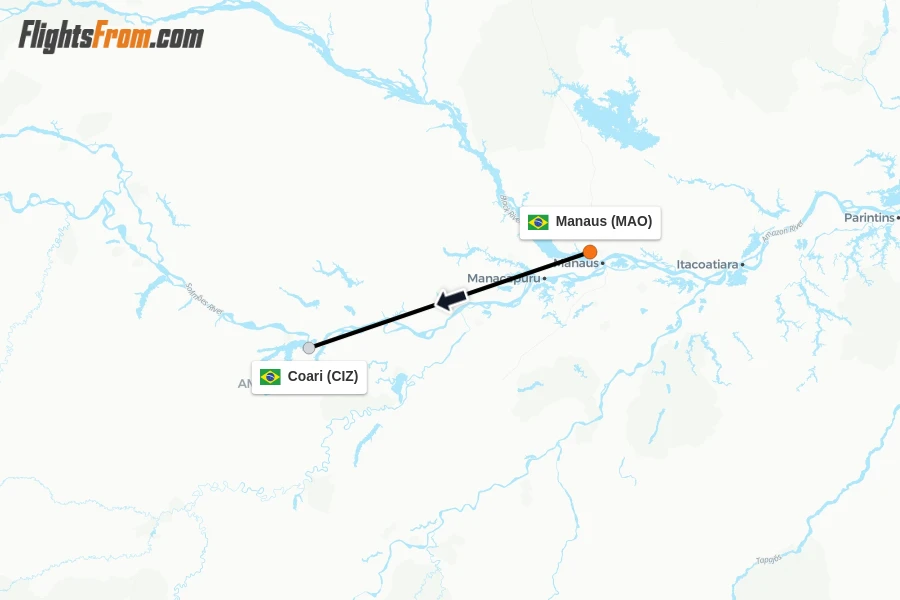 Flights from Manaus to Coari route map