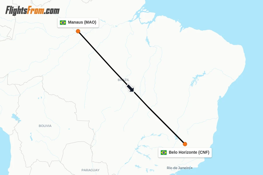 Flights from Manaus to Belo Horizonte route map