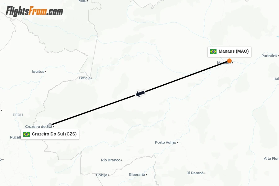 Flights from Manaus to Cruzeiro Do Sul route map