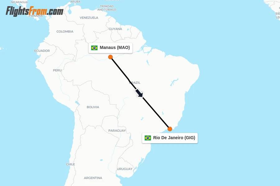 Flights from Manaus to Rio De Janeiro route map