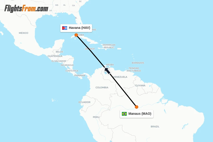 Flights from Manaus to Havana route map