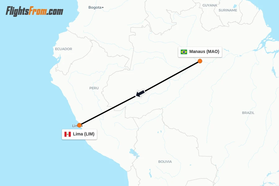 Flights from Manaus to Lima route map