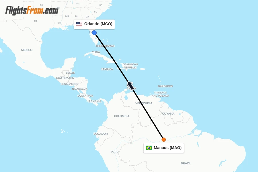 Flights from Manaus to Orlando route map