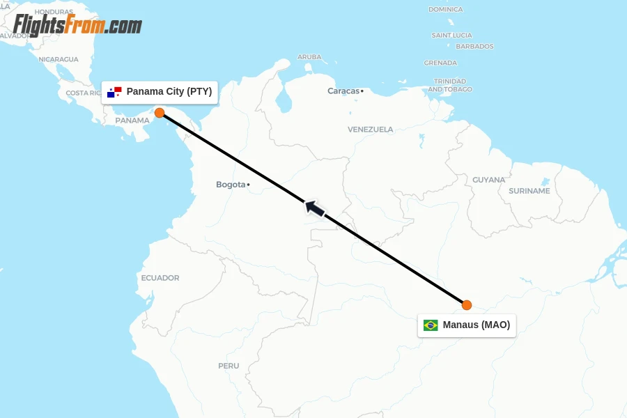 Flights from Manaus to Panama City route map