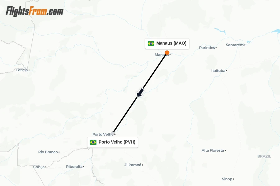 Flights from Manaus to Porto Velho route map
