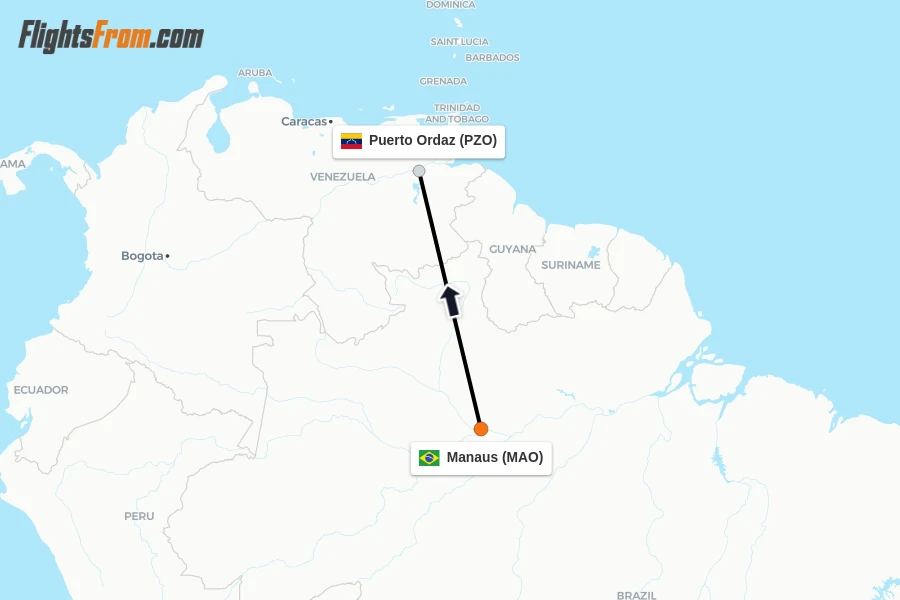 Flights from Manaus to Puerto Ordaz route map