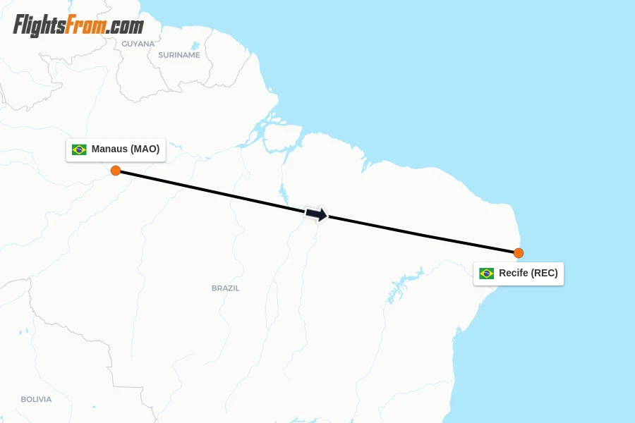 Flights from Manaus to Recife route map
