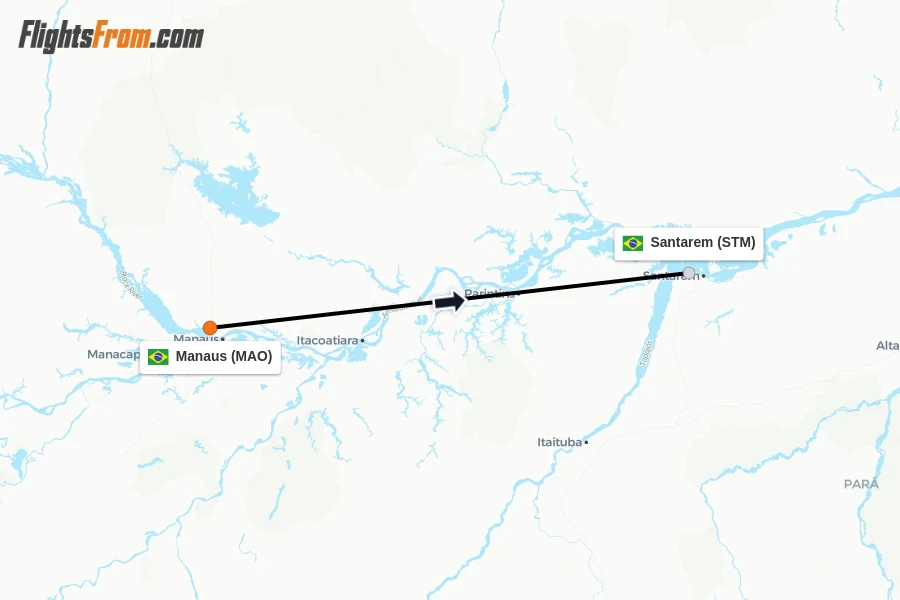 Flights from Manaus to Santarem route map