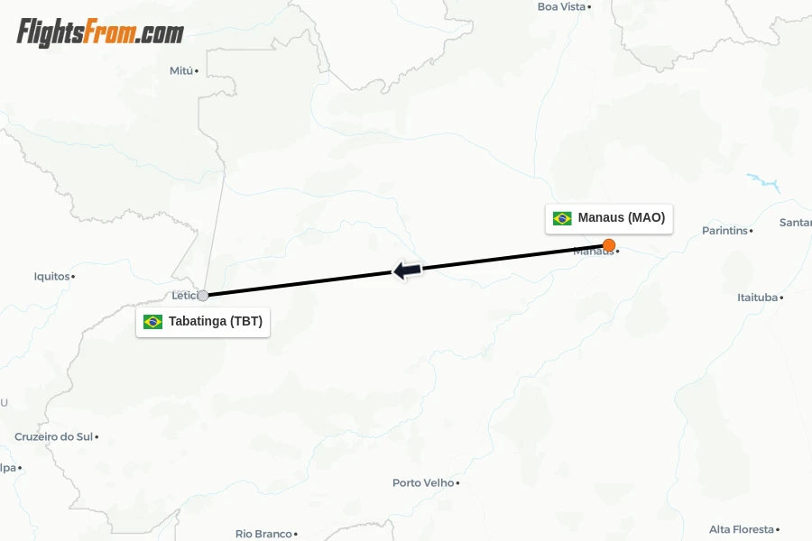 Flights from Manaus to Tabatinga route map