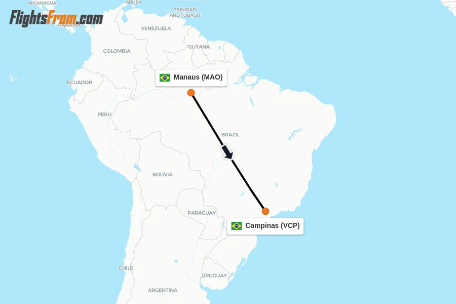 Flights from Manaus to Campinas route map