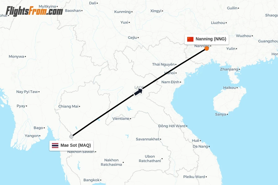 Flights from Mae Sot to Nanning route map