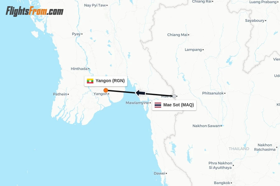 Flights from Mae Sot to Yangon route map