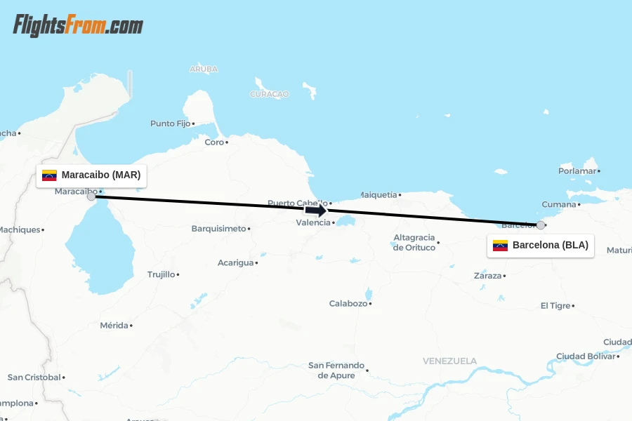 Flights from Maracaibo to Barcelona route map