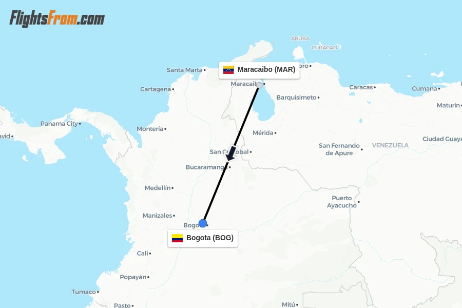 Flights from Maracaibo to Bogota route map