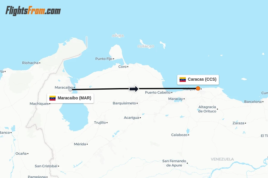 Flights from Maracaibo to Caracas route map