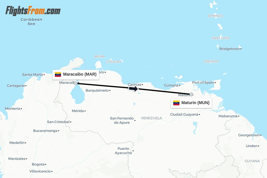 Flights from Maracaibo to Maturin route map