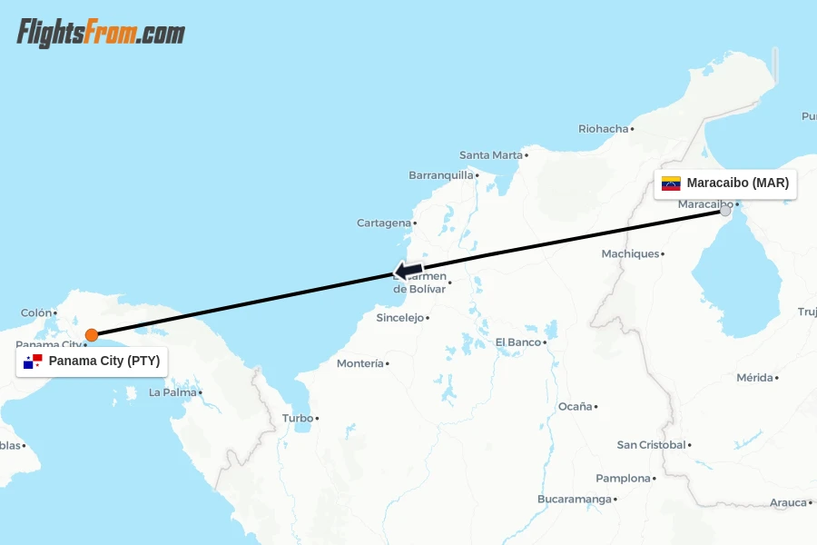 Flights from Maracaibo to Panama City route map