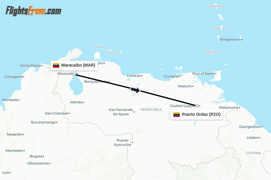 Flights from Maracaibo to Puerto Ordaz route map