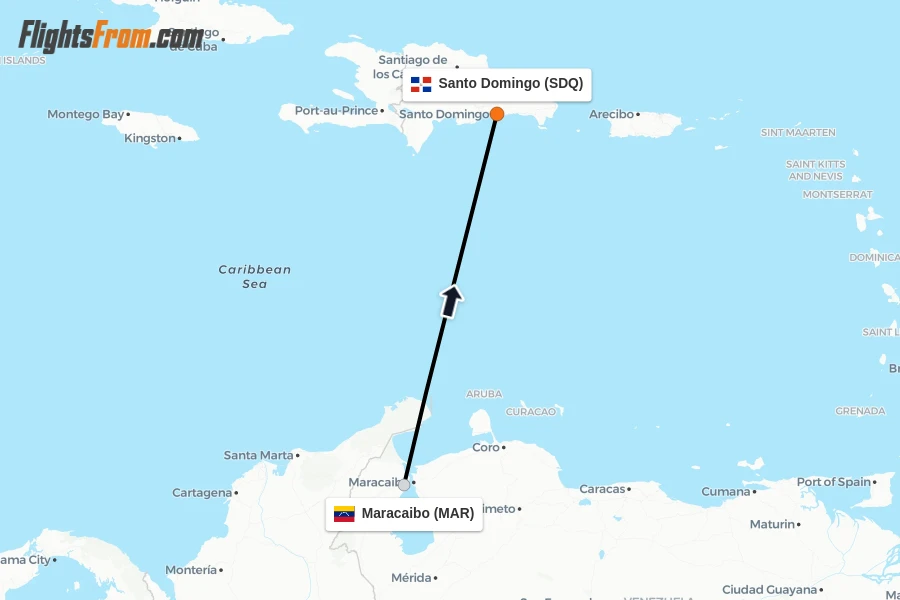 Flights from Maracaibo to Santo Domingo route map