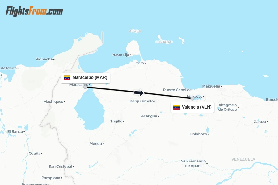 Flights from Maracaibo to Valencia route map