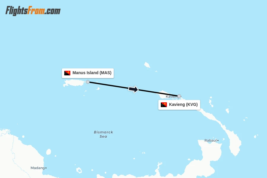 Flights from Manus Island to Kavieng route map