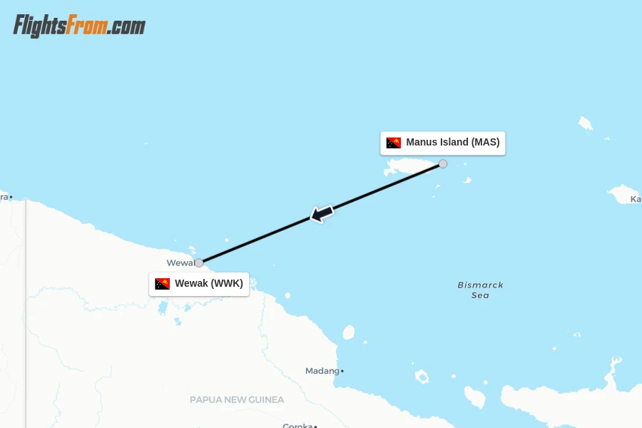 Flights from Manus Island to Wewak route map