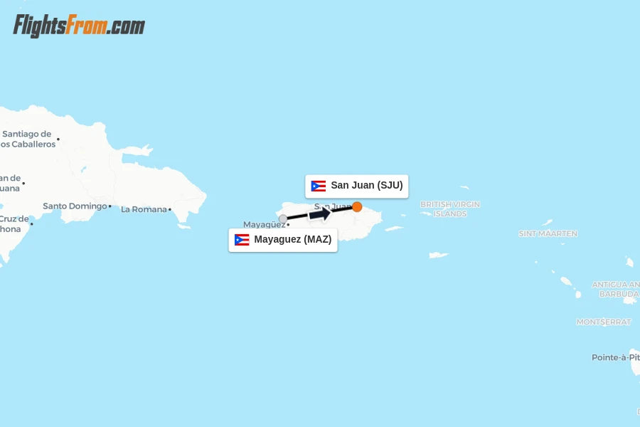 Flights from Mayaguez to San Juan route map