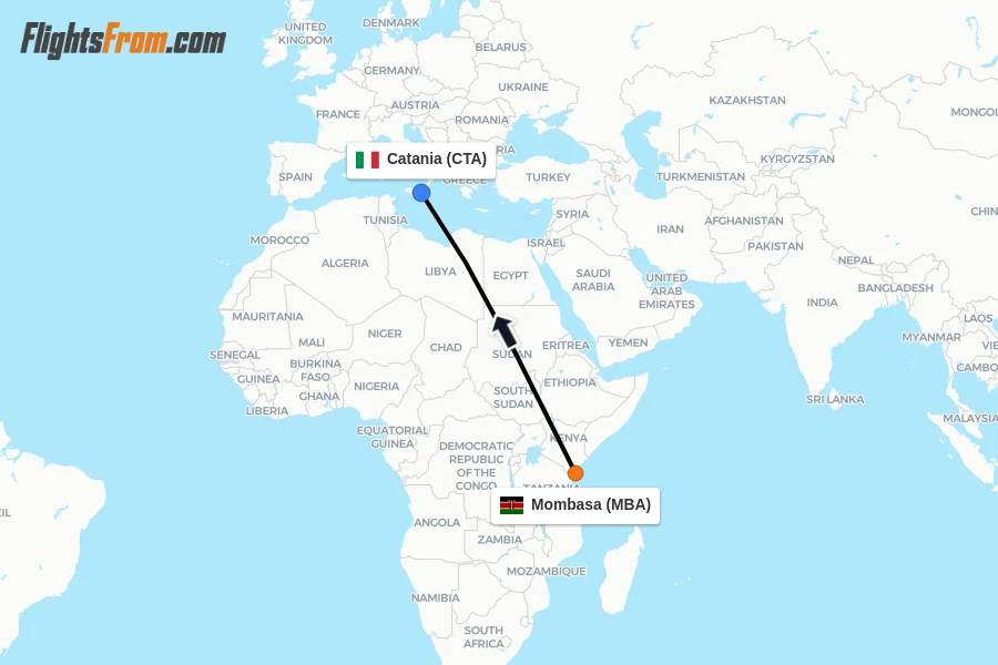 Flights from Mombasa to Catania route map