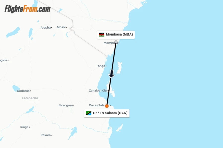 Flights from Mombasa to Dar Es Salaam route map