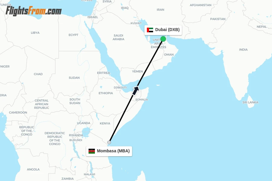 Flights from Mombasa to Dubai route map