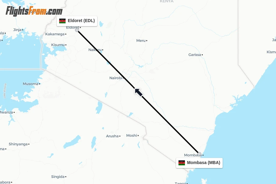 Flights from Mombasa to Eldoret route map