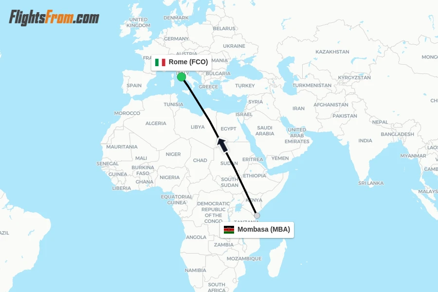 Flights from Mombasa to Rome route map