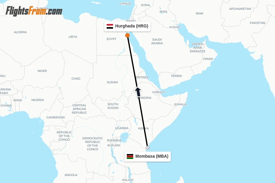 Flights from Mombasa to Hurghada route map