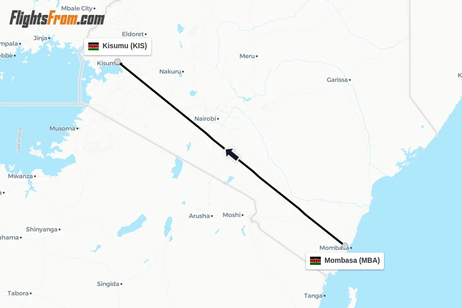 Flights from Mombasa to Kisumu route map