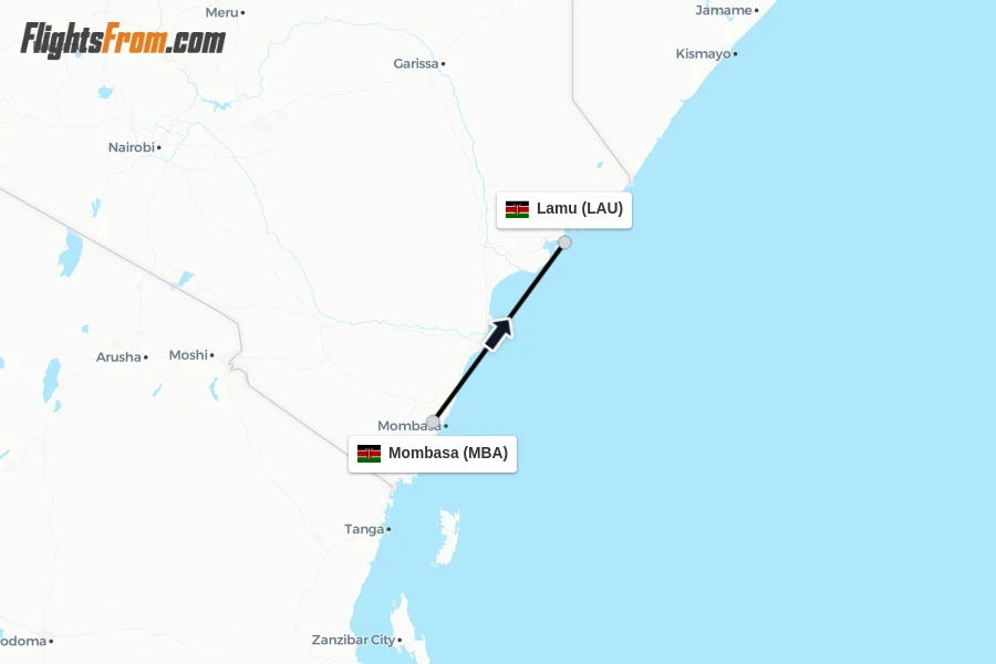 Flights from Mombasa to Lamu route map