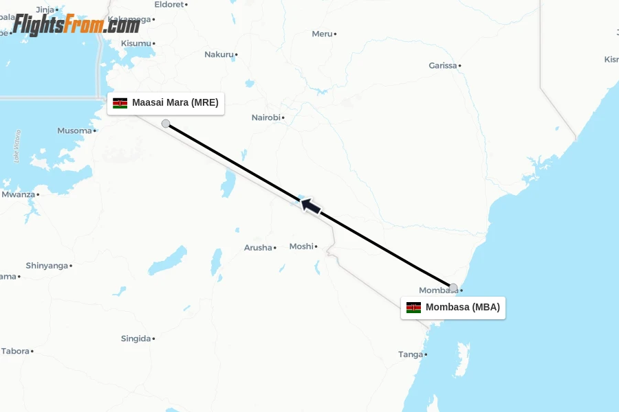Flights from Mombasa to Maasai Mara route map