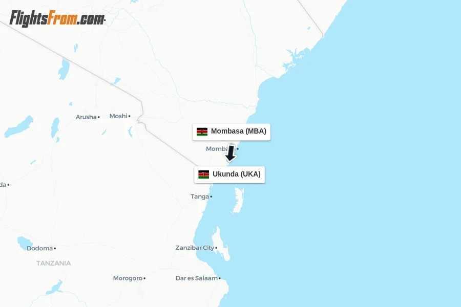 Flights from Mombasa to Ukunda route map