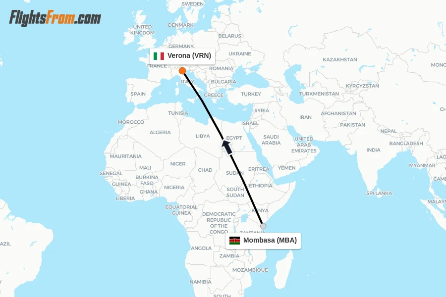 Flights from Mombasa to Verona route map