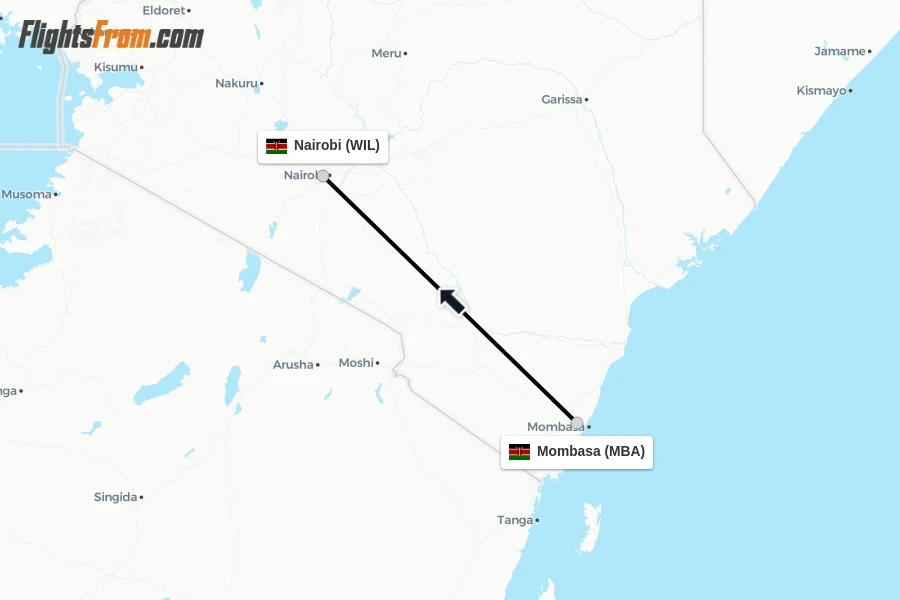 Flights from Mombasa to Nairobi route map