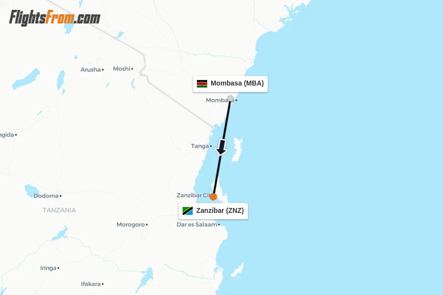 Flights from Mombasa to Zanzibar route map